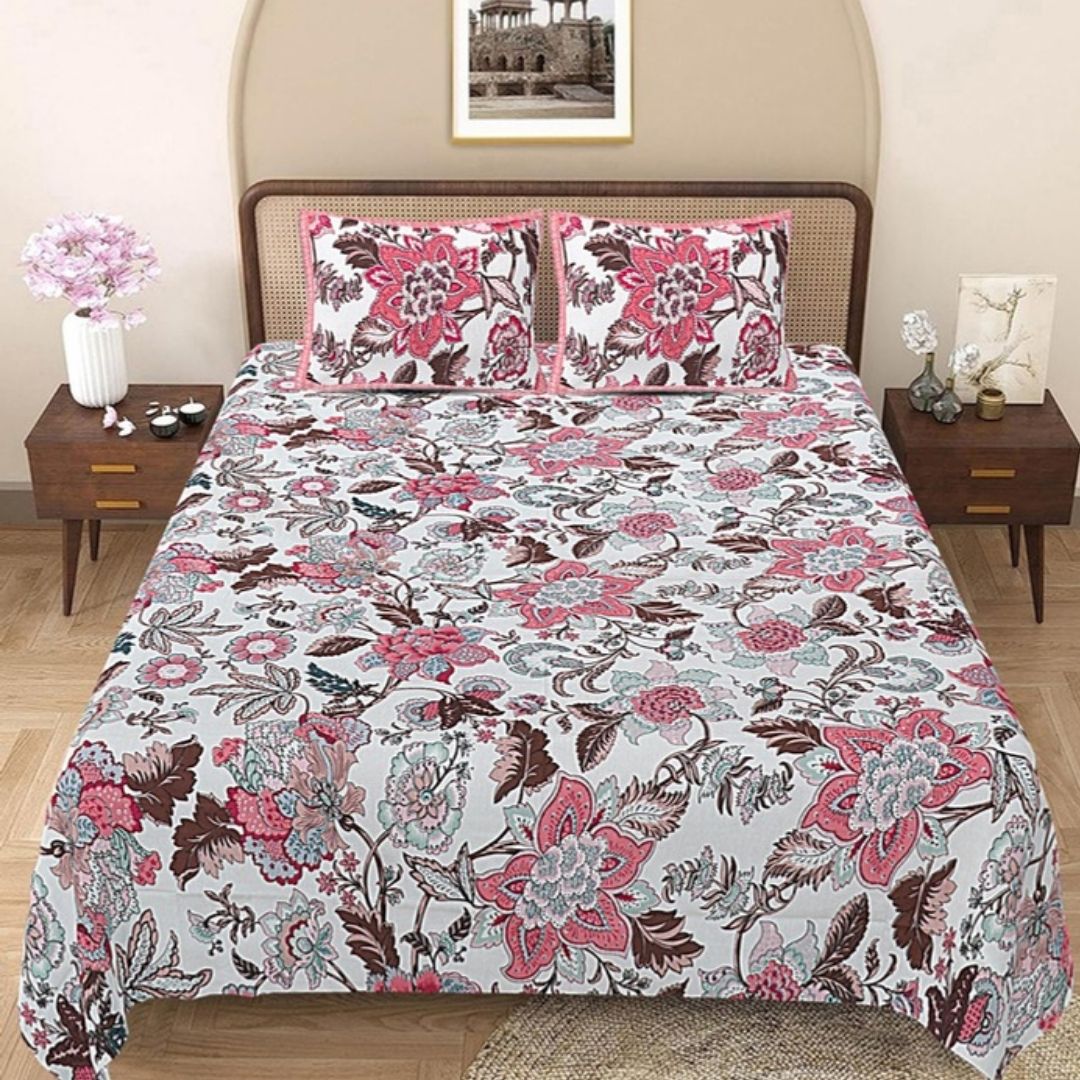 Coral Bloom Double Bedsheet | 144 TC | Pure Cotton