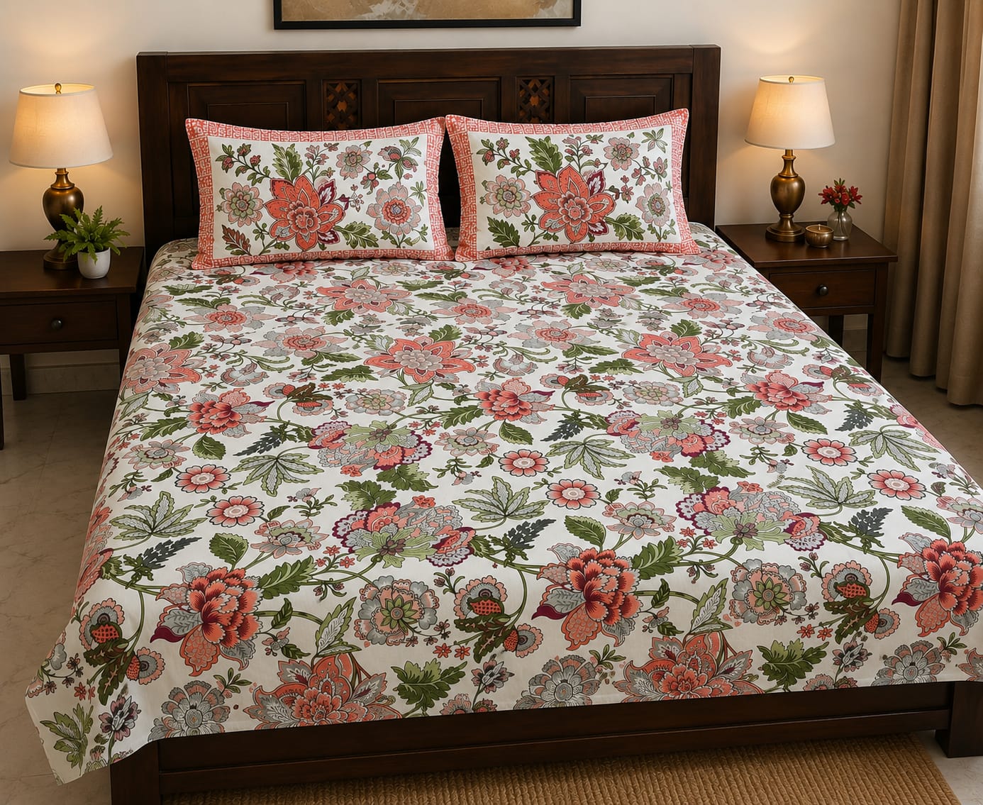 Coral Bloom Double Bedsheet | 144 TC | Pure Cotton