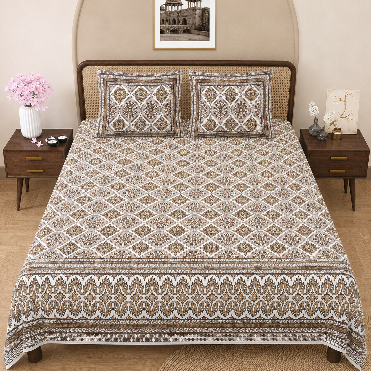 Ivory Trellis Double Bedsheet | 144 TC | Pure Cotton
