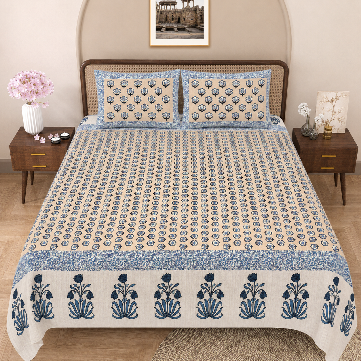 Blue Blossom Double Bedsheet | 144 TC | Pure Cotton