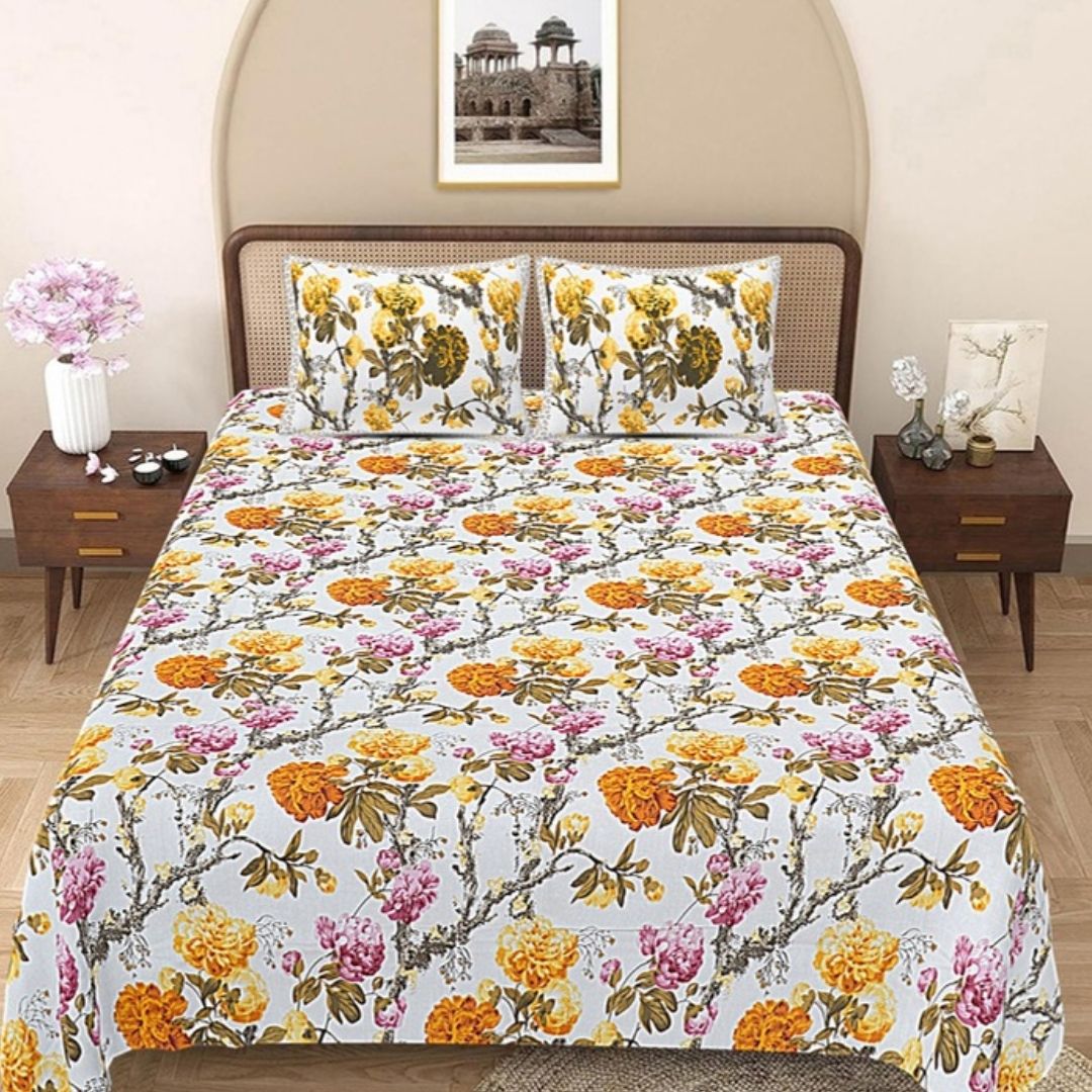 Golden Peony Double Bedsheet | 144 TC | Pure Cotton