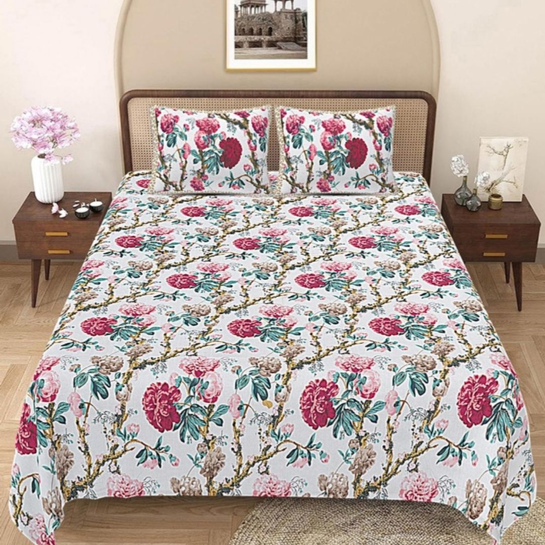 Golden Peony Double Bedsheet | 144 TC | Pure Cotton