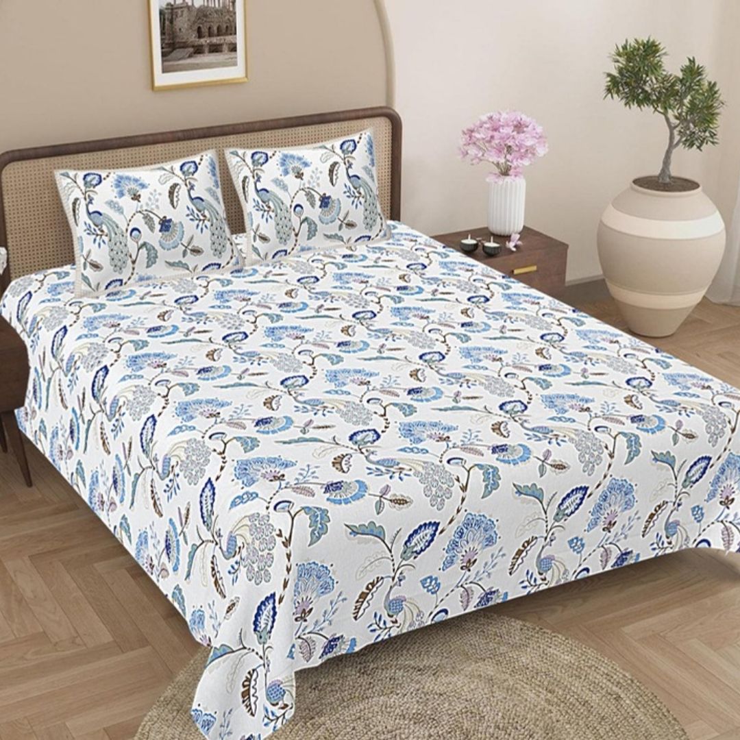 Blue Paisley Double Bedsheet | 144 TC | Pure Cotton