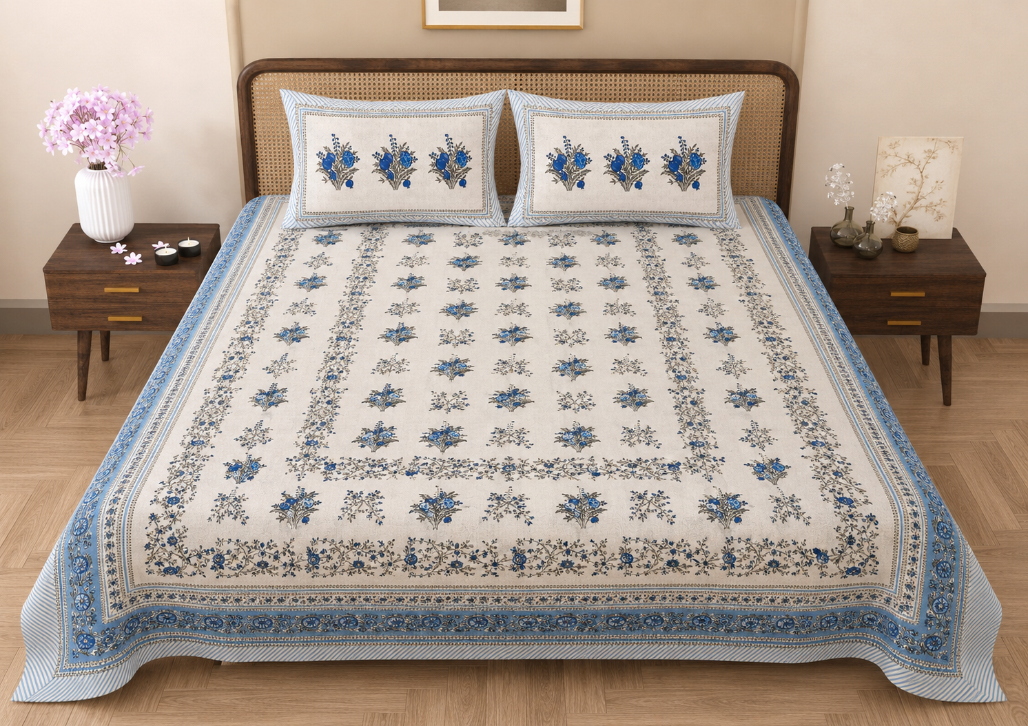 Azure Bloom Double Bedsheet | Pure Cotton