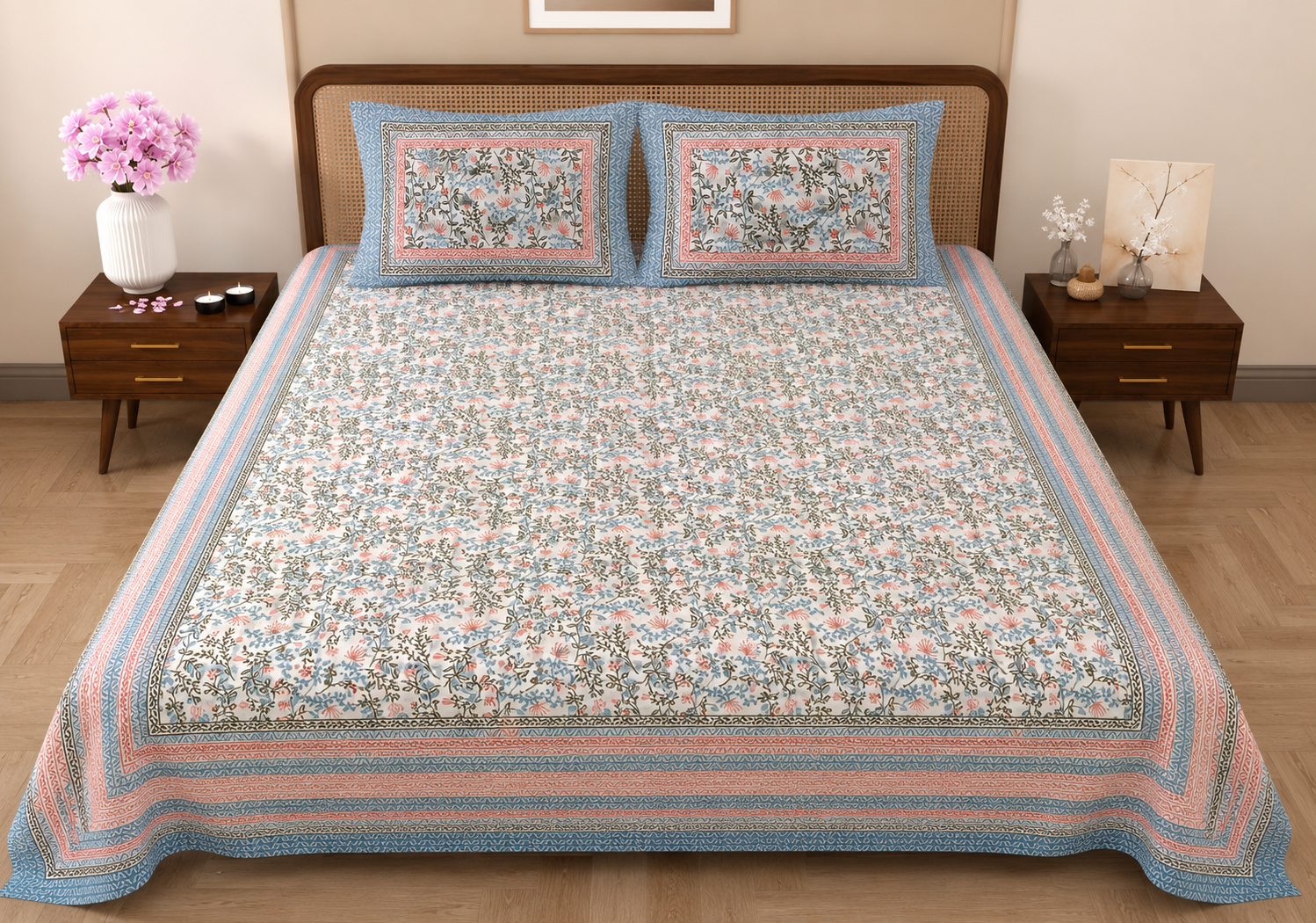 Coastal Petals Double Bedsheet | Pure Cotton