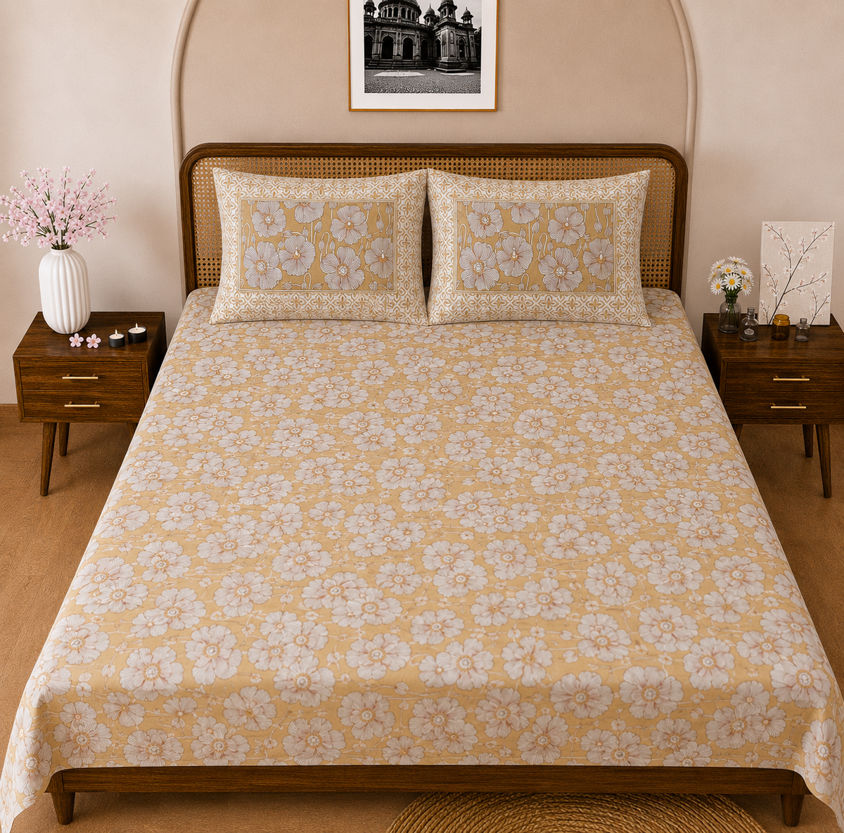 Champagne Bloom Double Bedsheet | 104 TC | Pure Cotton