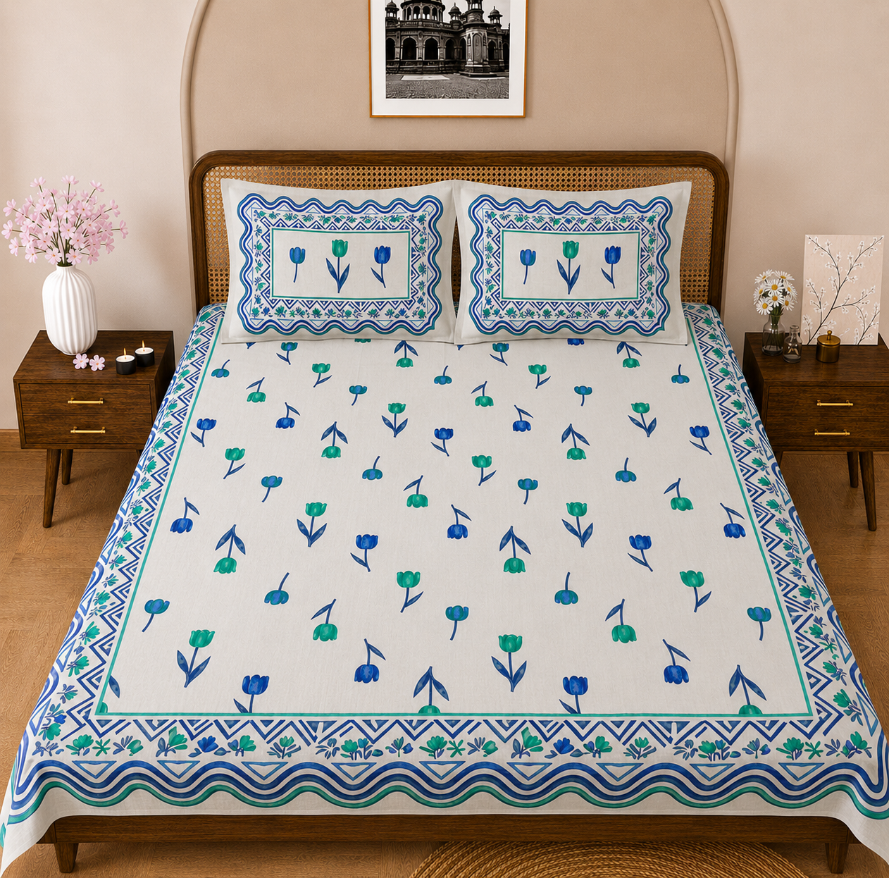 Blue Tulip Double Bedsheet | 104 TC | Pure Cotton