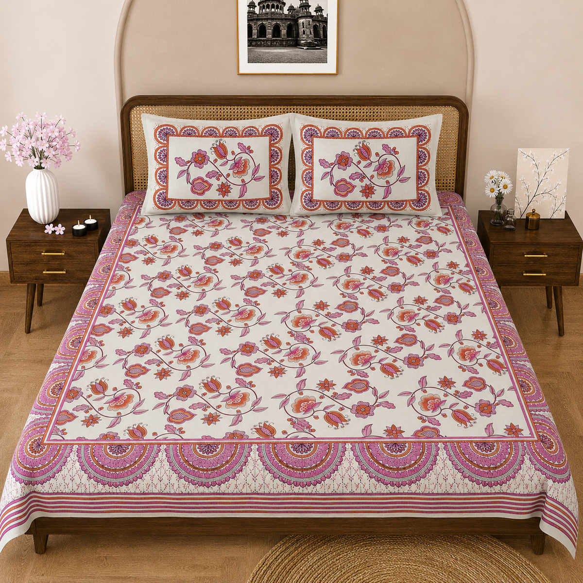 Rose Paisley Double Bedsheet | 104 TC | Glace Cotton