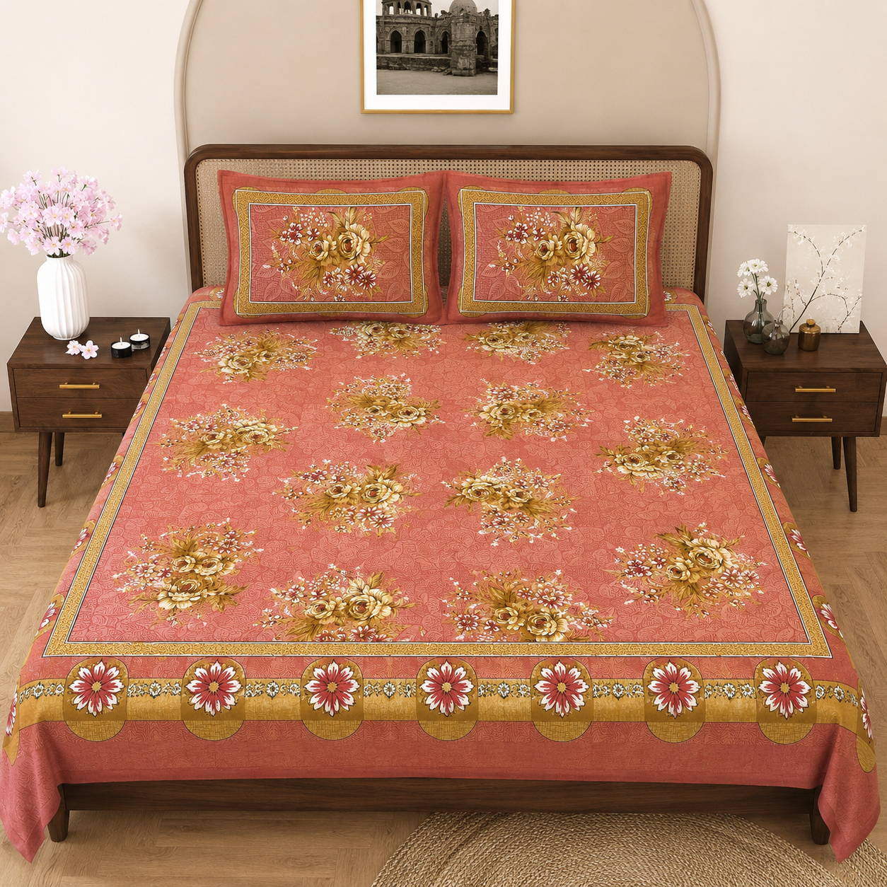 Golden Bouquet Double Bedsheet | 104 TC | Pure Cotton