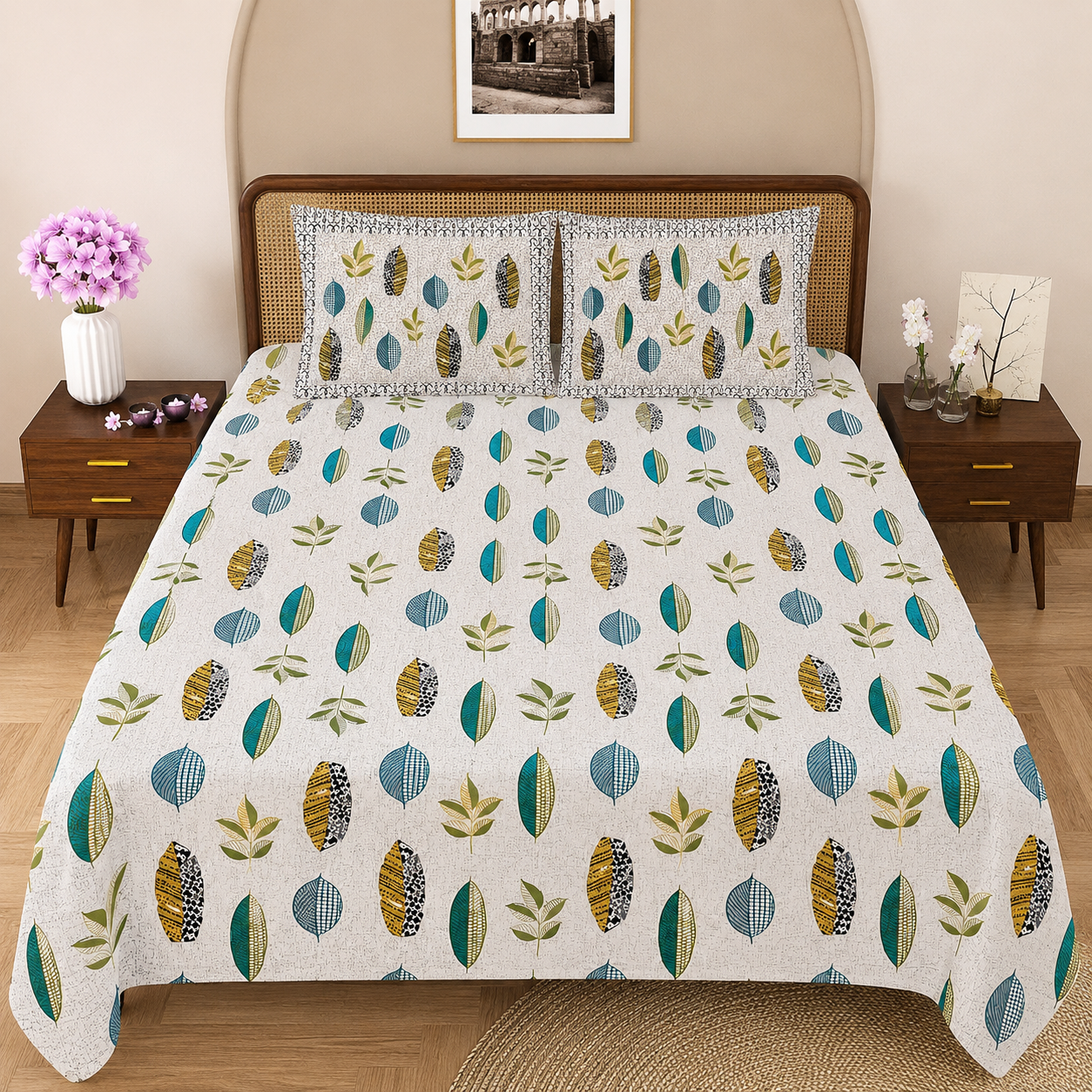 Botanical Leaves Double Bedsheet| 104 TC | Pure Cotton