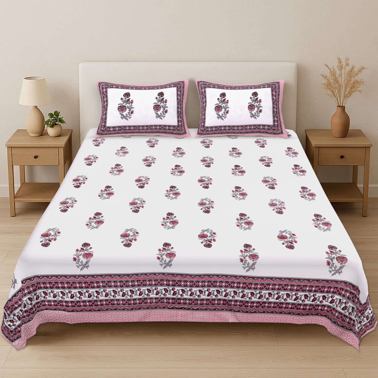 Rajasthani Buti Border Bedsheet | 180TC | Pure Cotton
