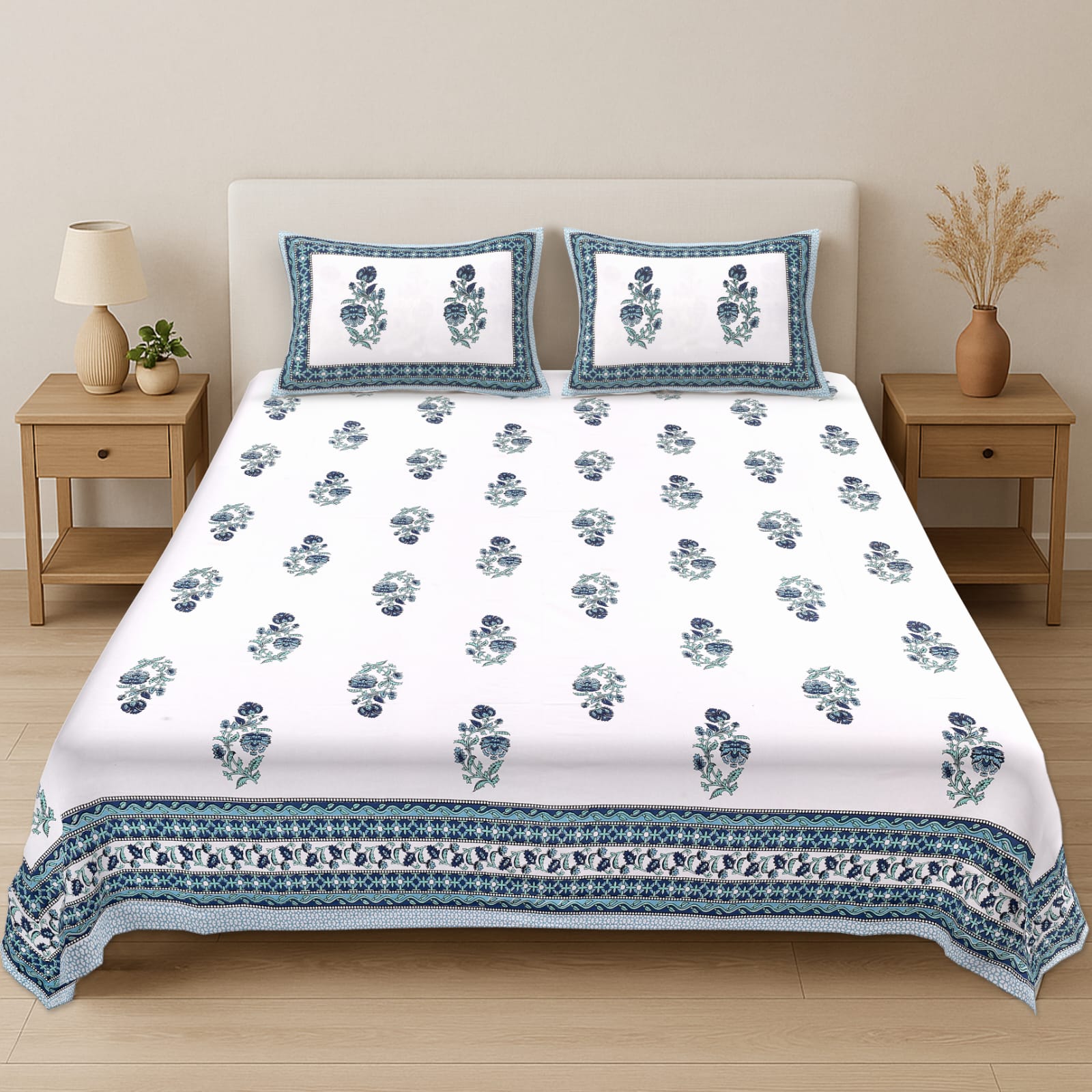 Rajasthani Buti Border Bedsheet | 180TC | Pure Cotton